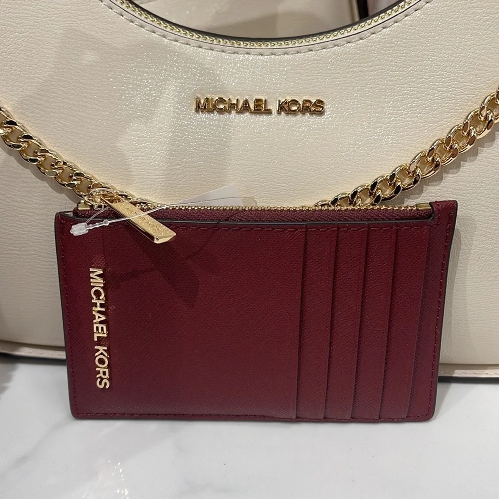 MICHAEL KORS Jet Set Travel Medium Top Zip Leather Card Case Wallet  Dark Cherry